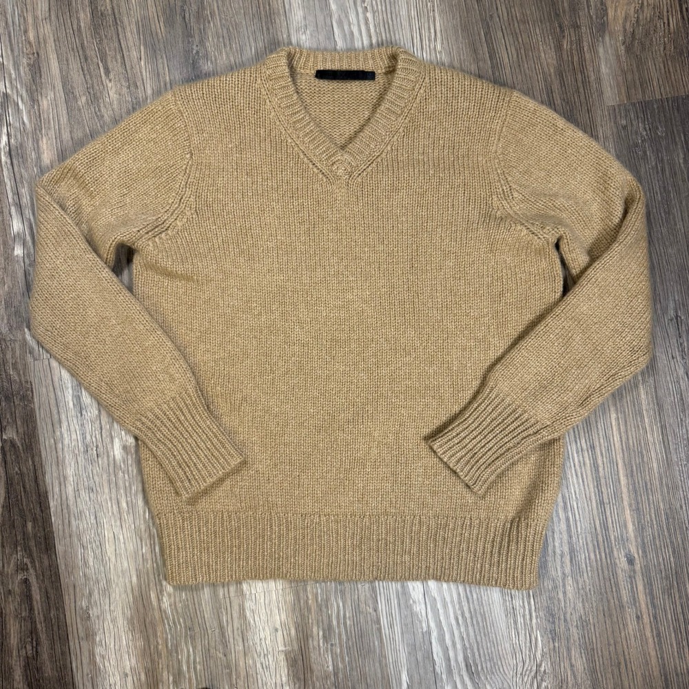 Jenni Kayne 100% Cashmere V-Neck Fisherman Sweater Camel Tan Chunky Knit Hygge S